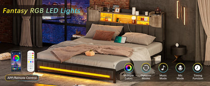 Queen Bed Frame with Storage Bookcase Headboard & LED Lights,Upholstered Bed Frame with USBCharging Station,No Box Spring Needed