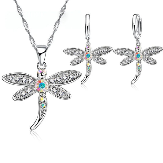 Women's Glitter Colored Cubic Zirconia Necklace And Earrings Set Dragonfly Design 925 Sterling Silver Color Jewelry for Girls