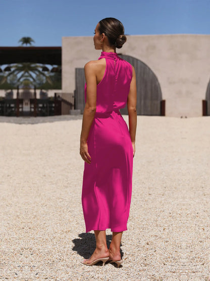 Summer Luxury Sleeveless Silk Satin Long Dress Women Elegant Off Shoulder Celebrity Evening Dress Partywear Lady Trumpet Dress