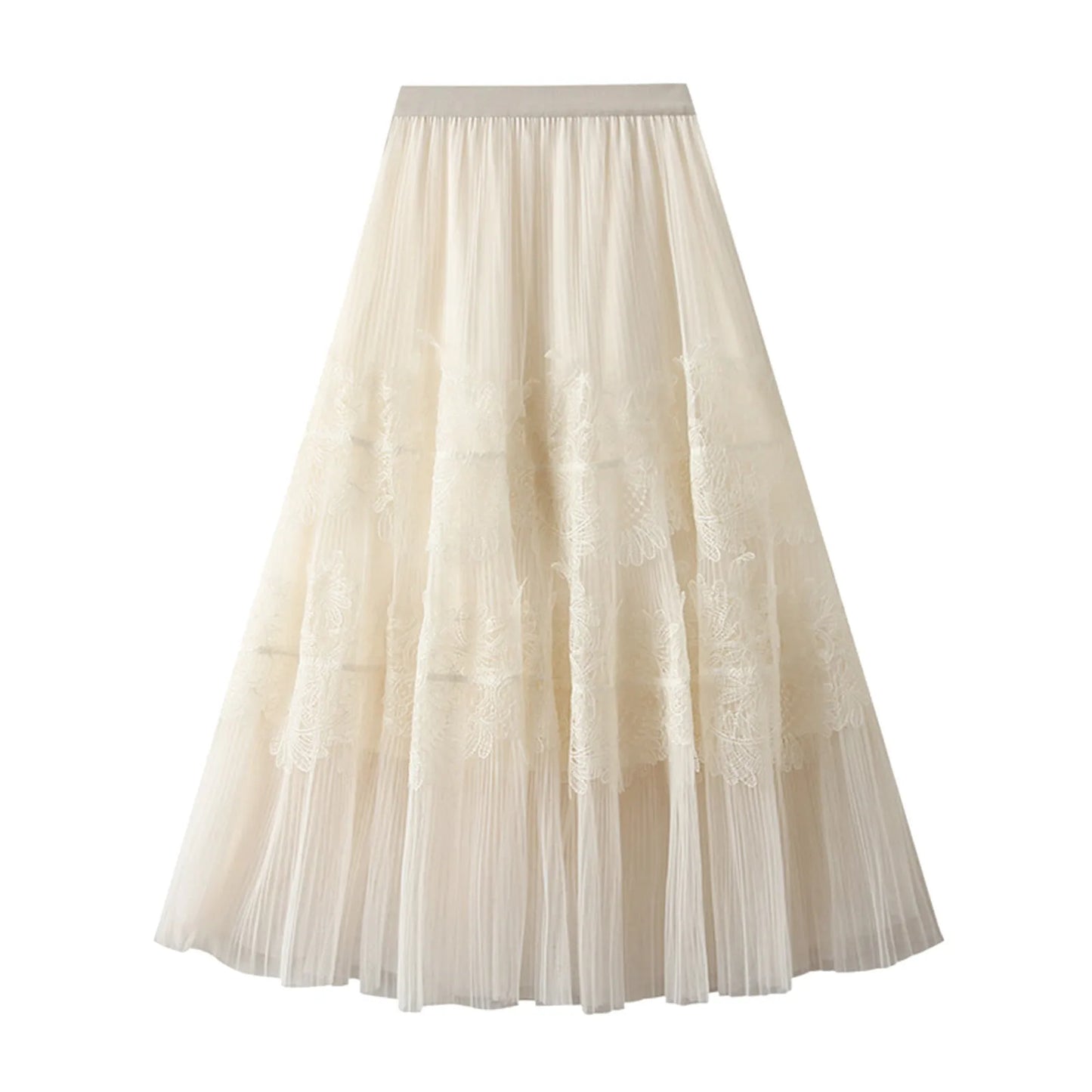 Women Mid Length Skirts Dance Party A Line High Waisted Lace Tulle Skirt Pleated Mesh Half Skirts Holiday Party Costumes