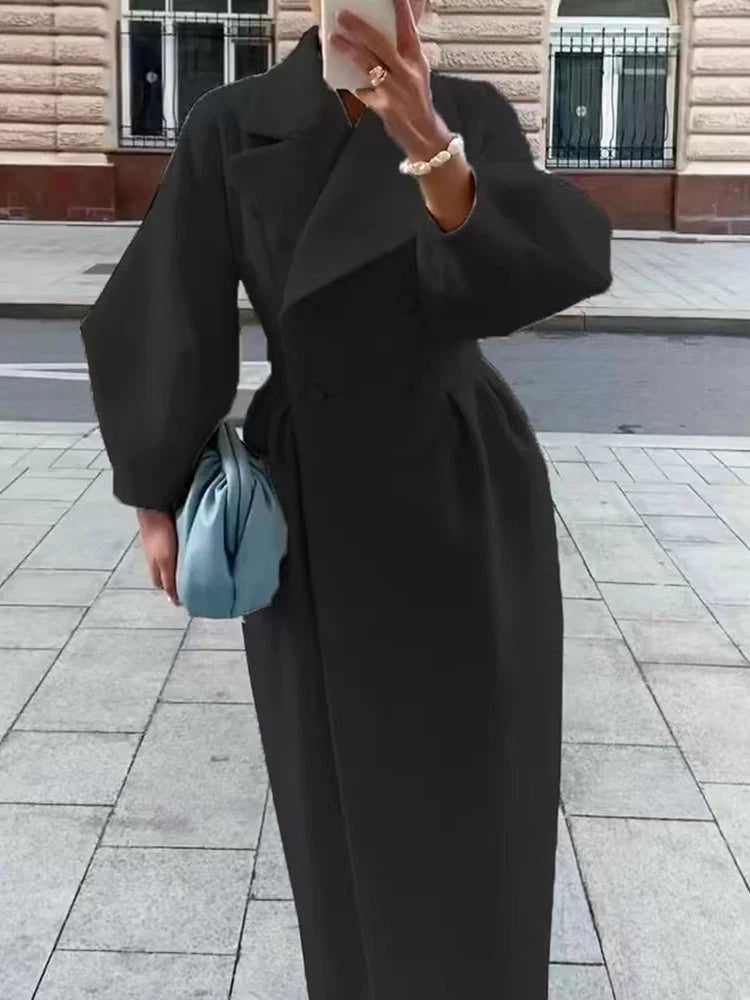 Winter Coat for Women Elegant Lantern Sleeve Lapel Collar Trench Coats Vintage Chic Long Jackets Overcoat 2023 Luxury Outwear