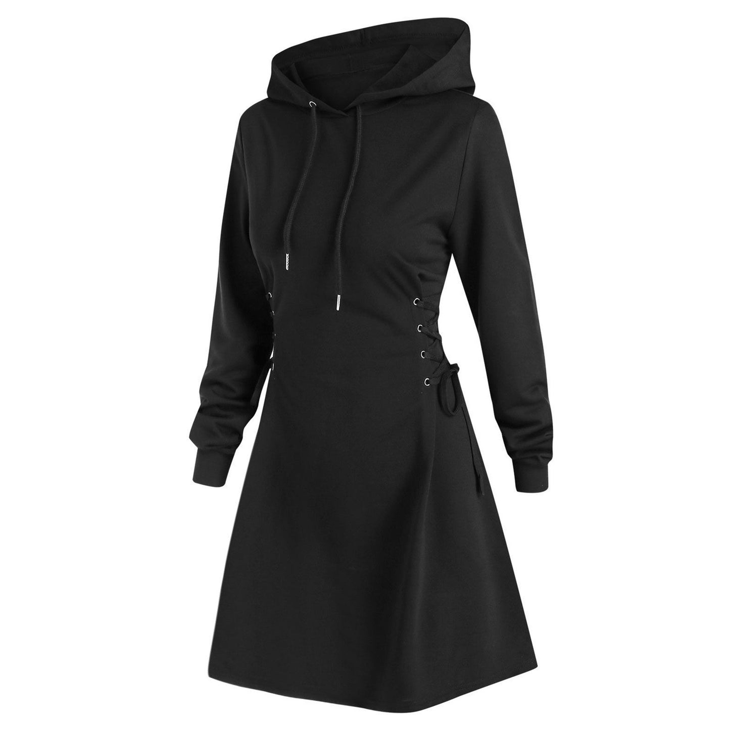 Autumn Long Sleeve Women Lace Up Sweatshirt Dress Fashion Solid Hooded Dresses Vestido Casual Drawstring Dress Streetwear платье