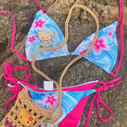 Kawaii Japanese Hello Kitty Girls Split Strap Summer Bikini Seaside Fashion Resort Swimsuit Leopard Print Cartoon Dopamine Swim