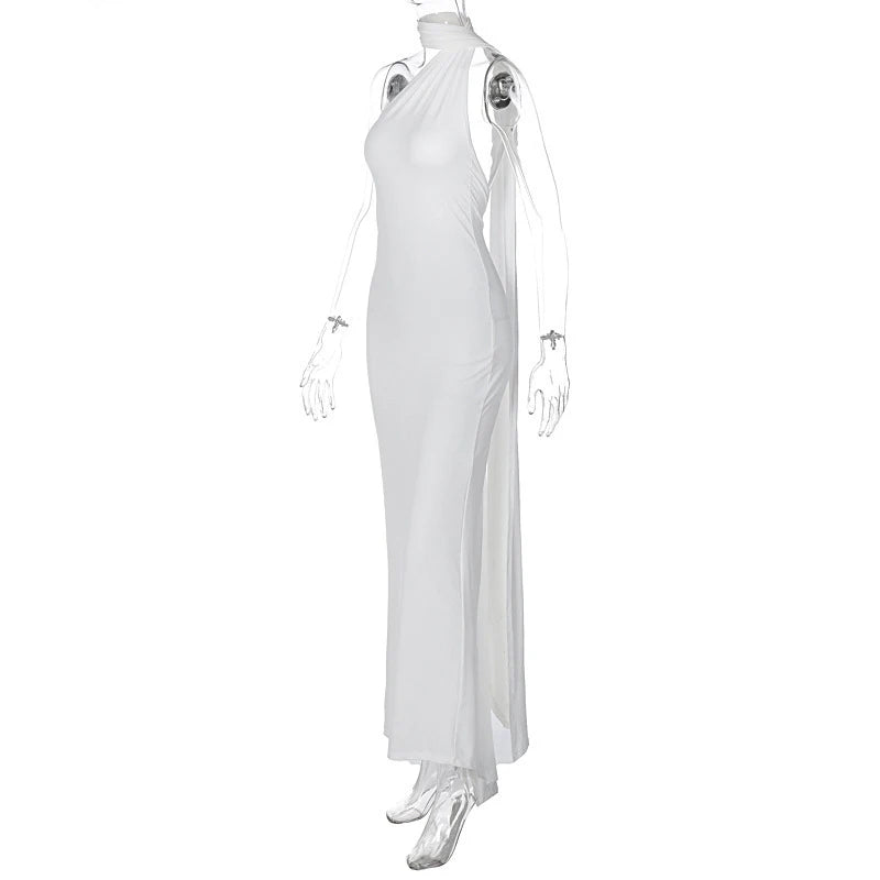 Hugcitar One Shoulder Backless Adjustable Scarf Loop Ruched Sexy Maxi Dress 2025 Women Elegant Y2K Streetwear Festival Outfit