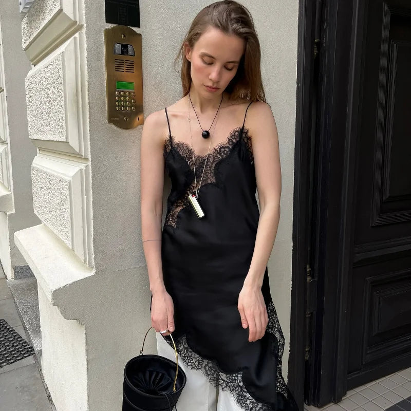 Brown Satin Sexy Lace Spliced Short Sling Dress Women V-neck Sleeveless Backless Asymmetric Party Dresses 2025 Summer Lady Robes