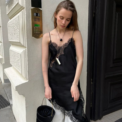 Brown Satin Sexy Lace Spliced Short Sling Dress Women V-neck Sleeveless Backless Asymmetric Party Dresses 2025 Summer Lady Robes