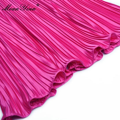 MoaaYina Fashion Designer dress Spring Women's Dress Beading Stand collar Lantern Sleeves Lace-up Pleated Dresses