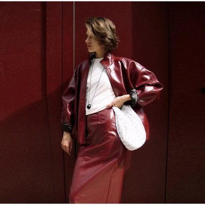 Leather Fashion Jacket Skirt Sets Women Zipper Loose Street Stand Collar Coats Straight Midi Skirts Suits 2025 Autumn Party Chic