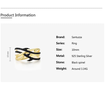 SANTUZZA  Authentic 925 Silver Rings For Women Sterling Silver Black Spinel Yellow Plated Unique Elegant Handmade Fine Jewelry