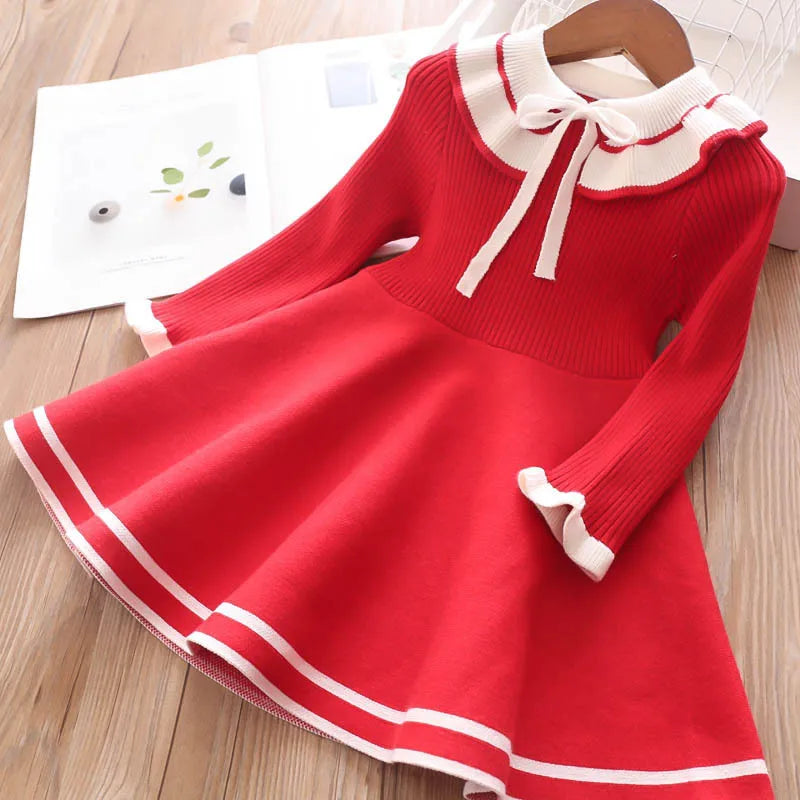New girl baby sweater knitted dress  children warm Sweater dress for girls infant casual pure color Pleated princess dress