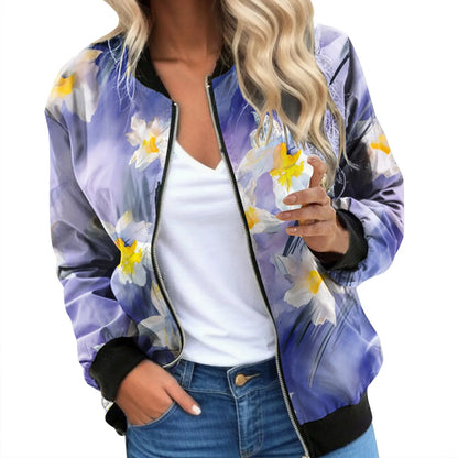 Vintage Floral Printed Jackets for Women Elegant Zipper Bomber Jacket Spring Autumn Office Wear Slim Jackets Coat Retro Outwear