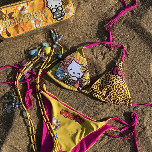 Kawaii Japanese Hello Kitty Girls Split Strap Summer Bikini Seaside Fashion Resort Swimsuit Leopard Print Cartoon Dopamine Swim