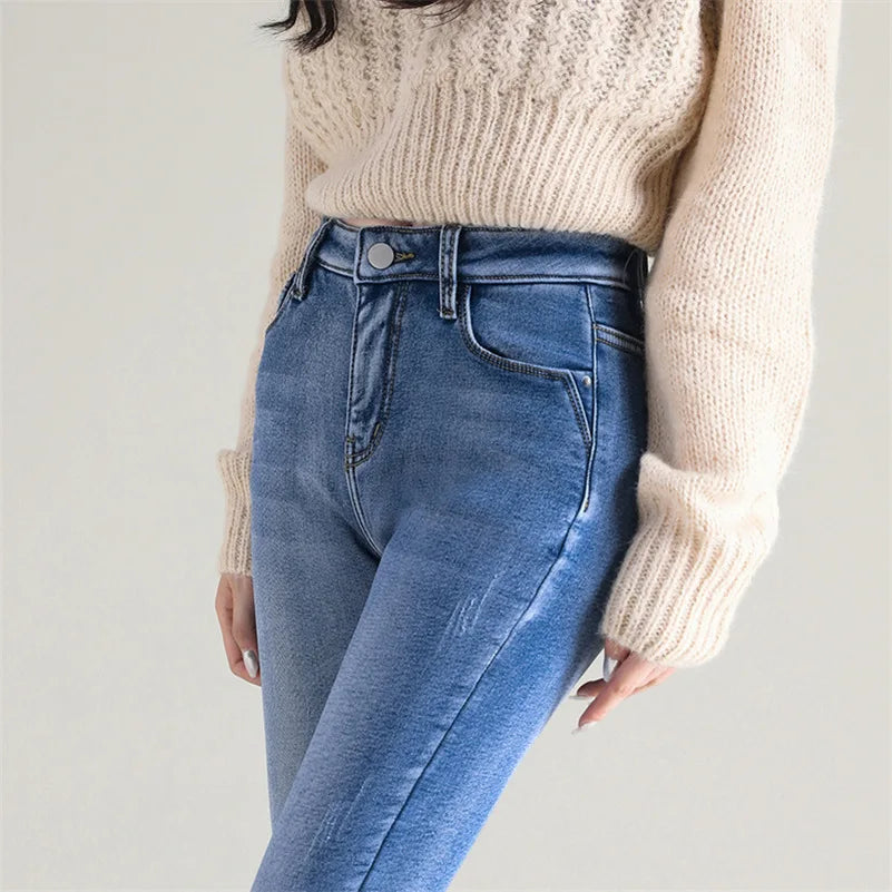 New Winter Women Snow Thermal Fleece Skinny Jeans Casual Lady Warm Velvet Thick Pencil Pants Female Basic Fleece Denim Trousers