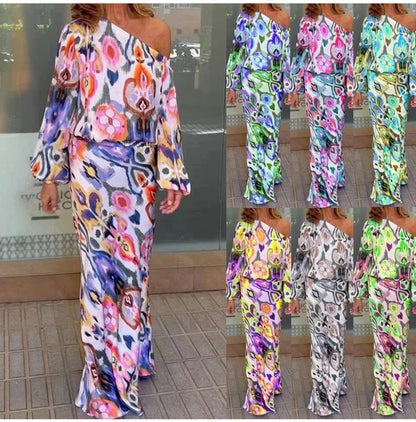 Autumn Casual Loose Print Two-piece Women Off Shoulder T-shirt Asymmetrical Long Sleeved Top And Half Body Fishtail Skirt Set