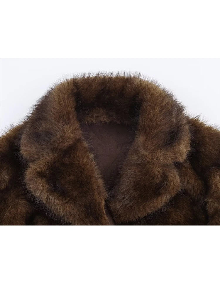 HH Winter Woman Elegant Casual Warm Coat Women Lapel Buttons Pocket Long Sleeves Outwear Reversible Faux Fur Effect Jacket