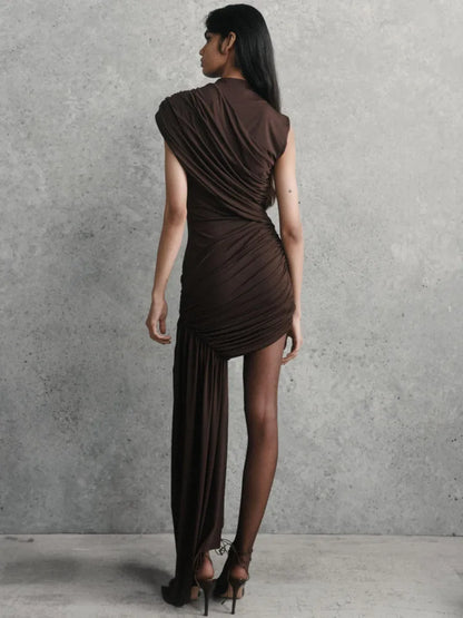 Mozision Irregular Draped Ruched Sexy Mini Dress For Women Elegant Turtleneck Sleeveless High Waist Pleated Club Party Dress