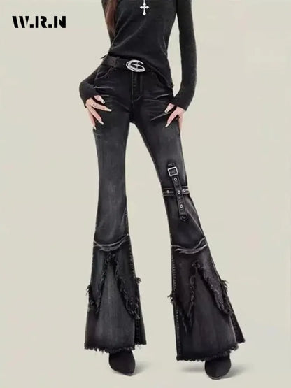 New retro slim-fitting women pants Y2k fashion trendy wasteland trousers legs furrow stretch jeans for women