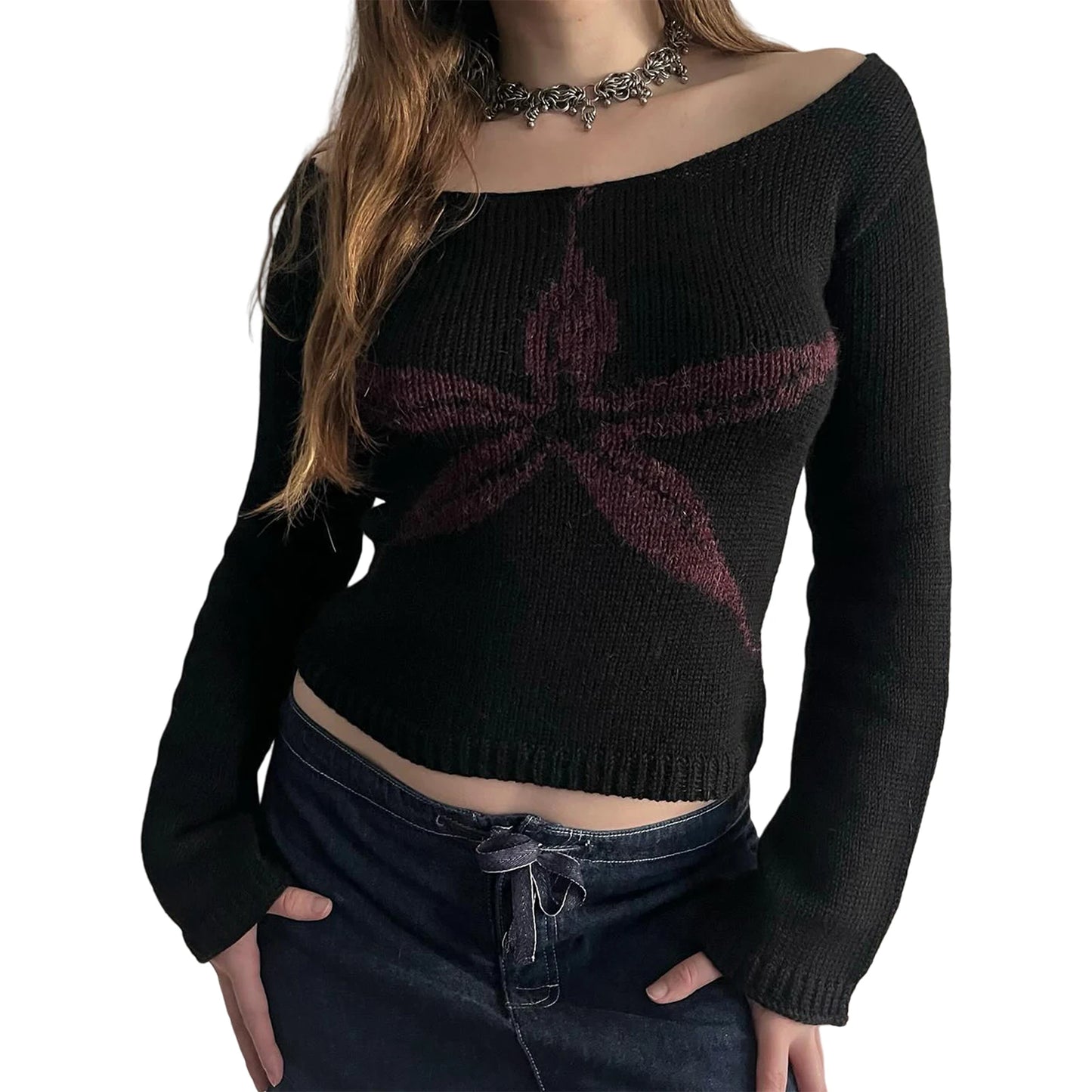 Women's Knit Tops Off Shoulder Slim Sweater Graphic Print Long Sleeve Knitwear Spring Fall Y2K Aesthetic Streetwear
