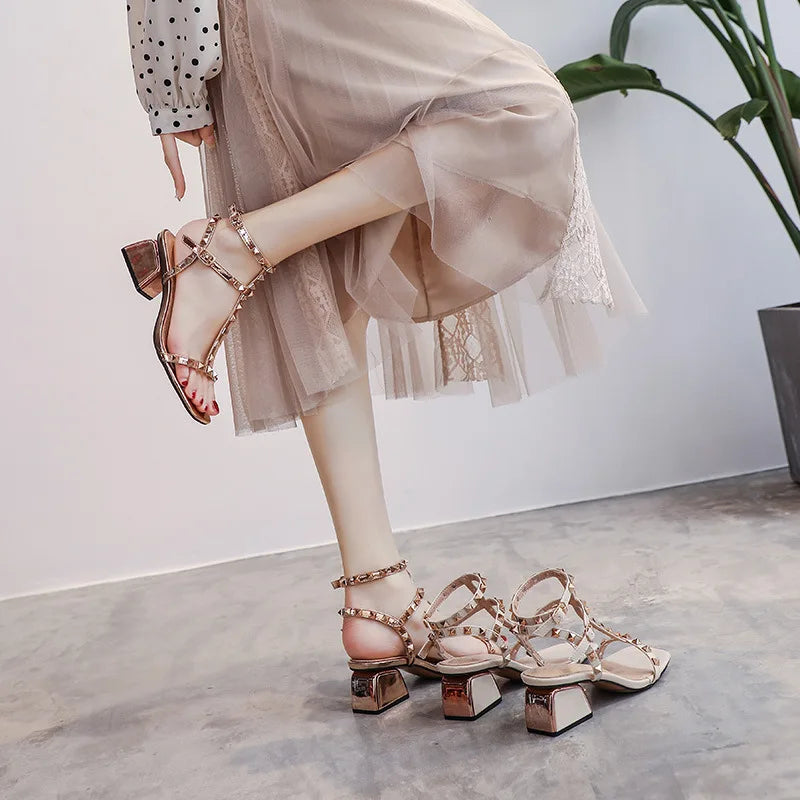 Women's Shoes 2022 Summer New Super Hot Tide Rivets Roman Style Thick Heel Fashion Sandals  Square Head High