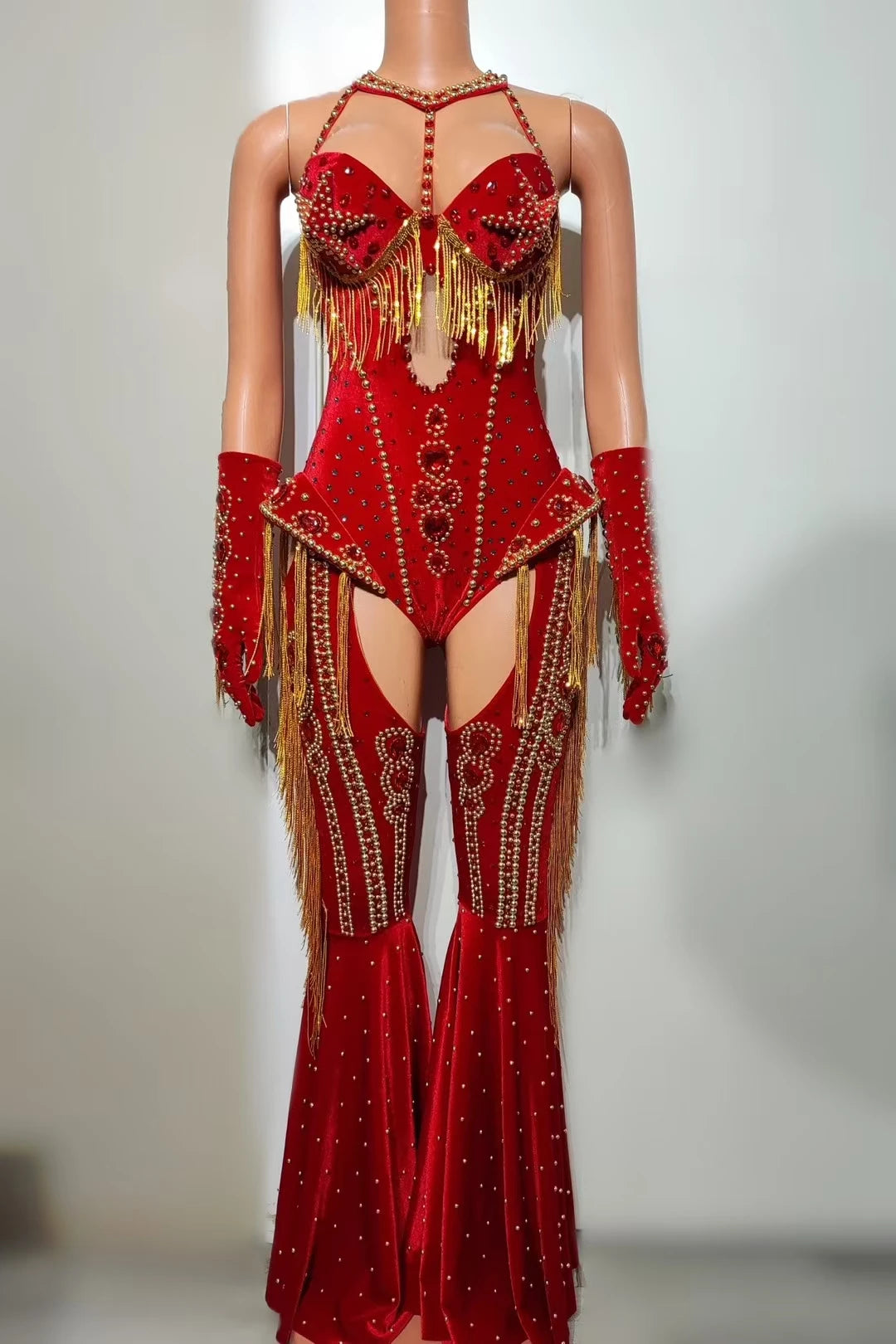 Women Sparkly Rhinestone Red Bodysuit 4Pieces Set Nightclub Party Stage Show Outfit Cabaret Carnival Showgirl Sexy Wear Hongding