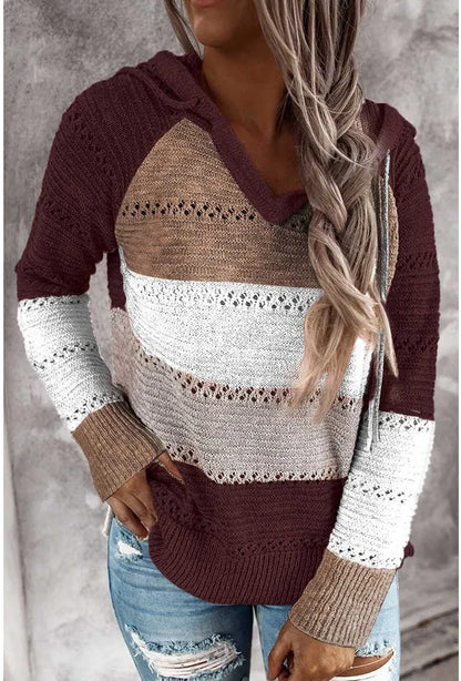 Women Patchwork Hooded Sweater Casual Long Sleeve Knitted Sweater Top Striped Elegant Pullover Jumpers Autumn Winter Plus Size