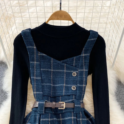 High Quality Fall Winter Women Sweater Overalls Dress Sets Casual Knitted Tops +Plaid Woolen Dress 2 Piece Sets Outfits Female