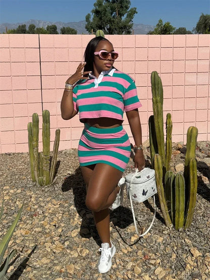 Sporty Fitness Striped Print 2 Pieces Set for Woman Streetwear Casual Turn-down Collar Shirt Crop Top and Mini Skirt Sets Summer