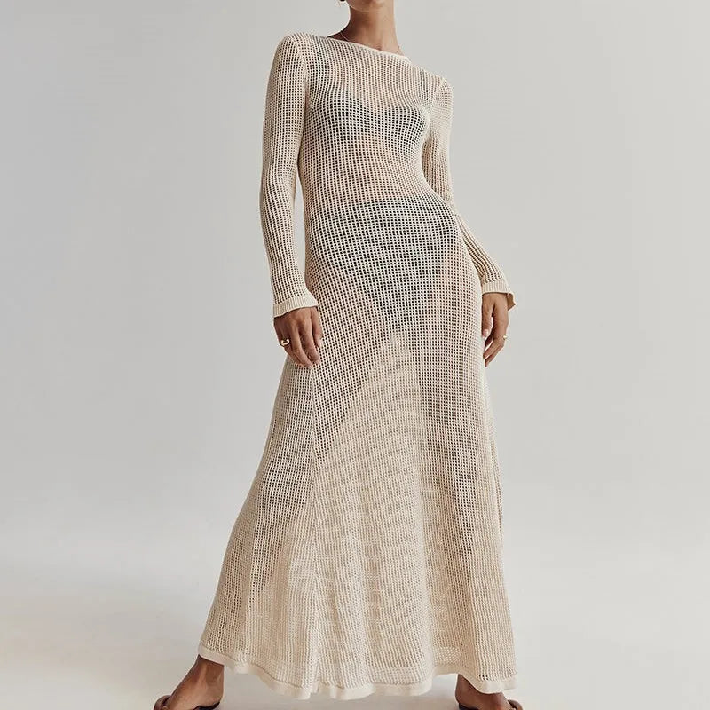 hirigin Elegant Long Sleeve Maxi Dress for Women Hollow Crochet Knit Summer Beach Cover ups Party Long Dress Club Streetwear