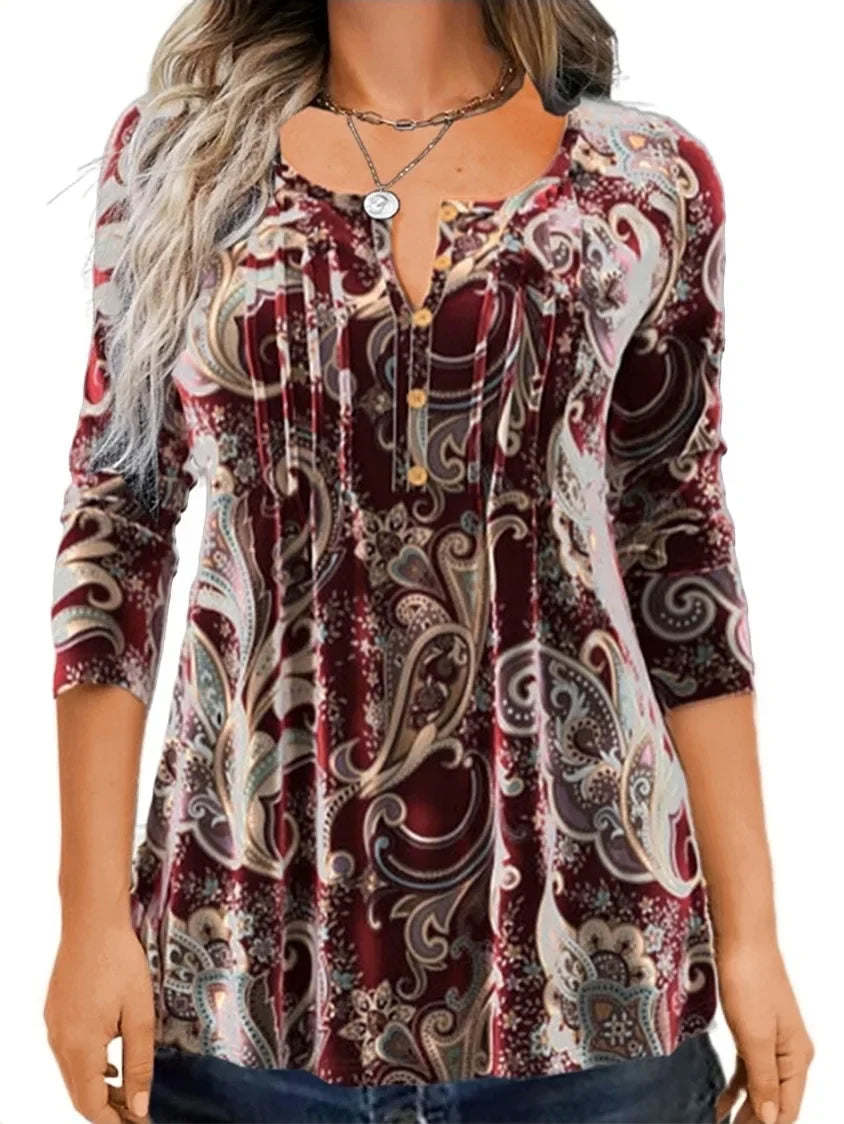 Autumn New T-shirt Elegant Fashionable Comfortable Versatile Print Round Neck Gorgeous Pattern Button Long Sleeve Top