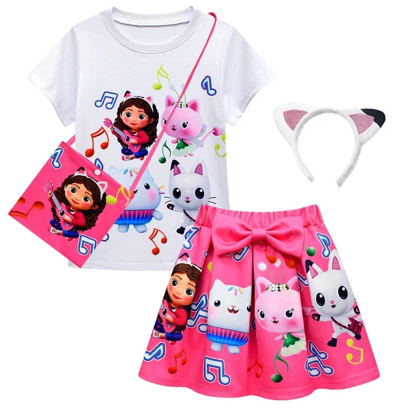Gabby's Dollhouse cosplay costume for girls featuring a colorful shirt, pink skirt, and accessories