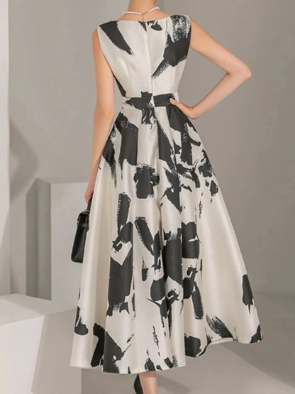 Women Elegant Casual Print Summer Dress Sleeveless Vintage A-Line Chic Party Birthday Vestidos Female Clothes New Midi Robe