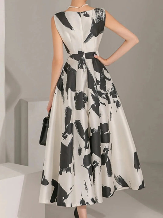 Women Elegant Casual Print Summer Dress Sleeveless Vintage A-Line Chic Party Birthday Vestidos Female Clothes New Midi Robe