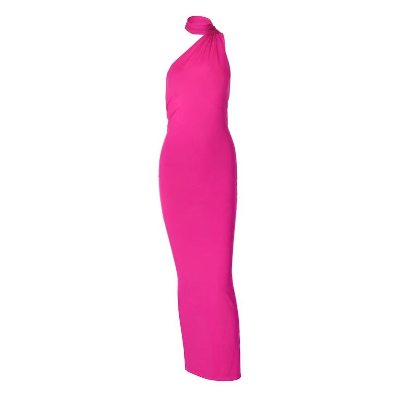 Hugcitar One Shoulder Backless Adjustable Scarf Loop Ruched Sexy Maxi Dress 2025 Women Elegant Y2K Streetwear Festival Outfit