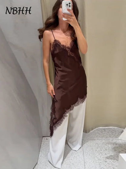 Brown Satin Sexy Lace Spliced Short Sling Dress Women V-neck Sleeveless Backless Asymmetric Party Dresses 2025 Summer Lady Robes