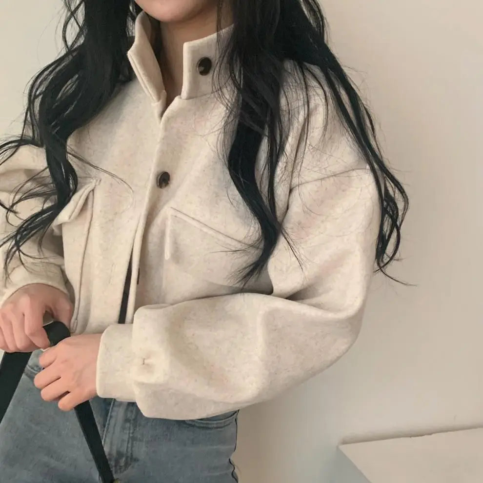 Autumn and Winter Loose Wool Coat for Women's Pocket Stand Collar Top Long Sleeve Button Hong Kong Style Wool Coat