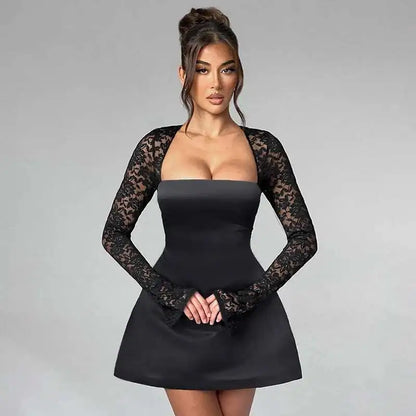 Townlike Lace Patchwork Waist Wrap A-line Dress Women Mini 2024 Autumn Winter Dress Backless Nightclub Sexy Party Dresses