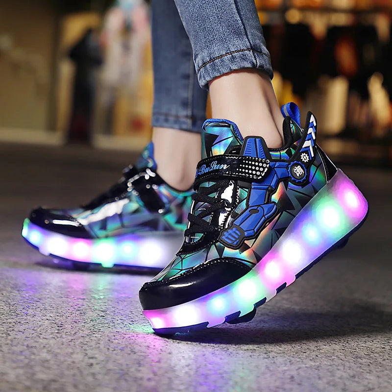 Two wheel skateboarding shoes casual shoes mob shoes Children's luminous roller skates skating charging with lights wheel shoes