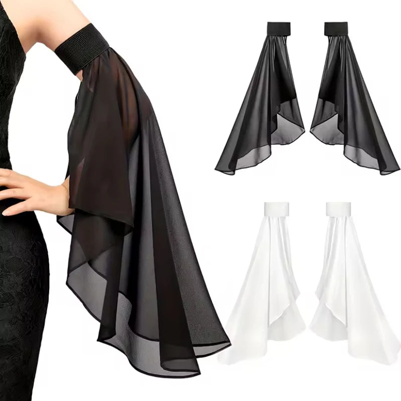 1Pair Women Long Tulle Sleeves Sunscreen Detachable Decorative Sheer Chiffon Arm Covers Gloves Wedding Dress Costume Accessories