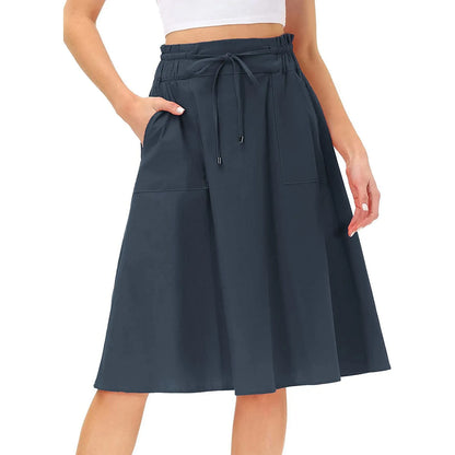 Summer Knee Length Boho Skirt Women Drawstring Ruffled High Waist Lace Up Solid Color A-Line Skirt Pockets Pleated Skirt