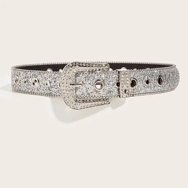 Gothic rhinestone belt for women featuring a sparkling silver buckle and studded design