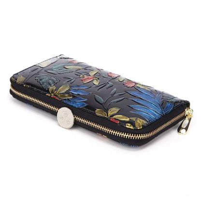 Women Genuine Leather Long Purse Wrist Clutch Bags Cowhide Floral Pattern Retro Coin Cash ID Card Holder Money Handy Bag Wallet