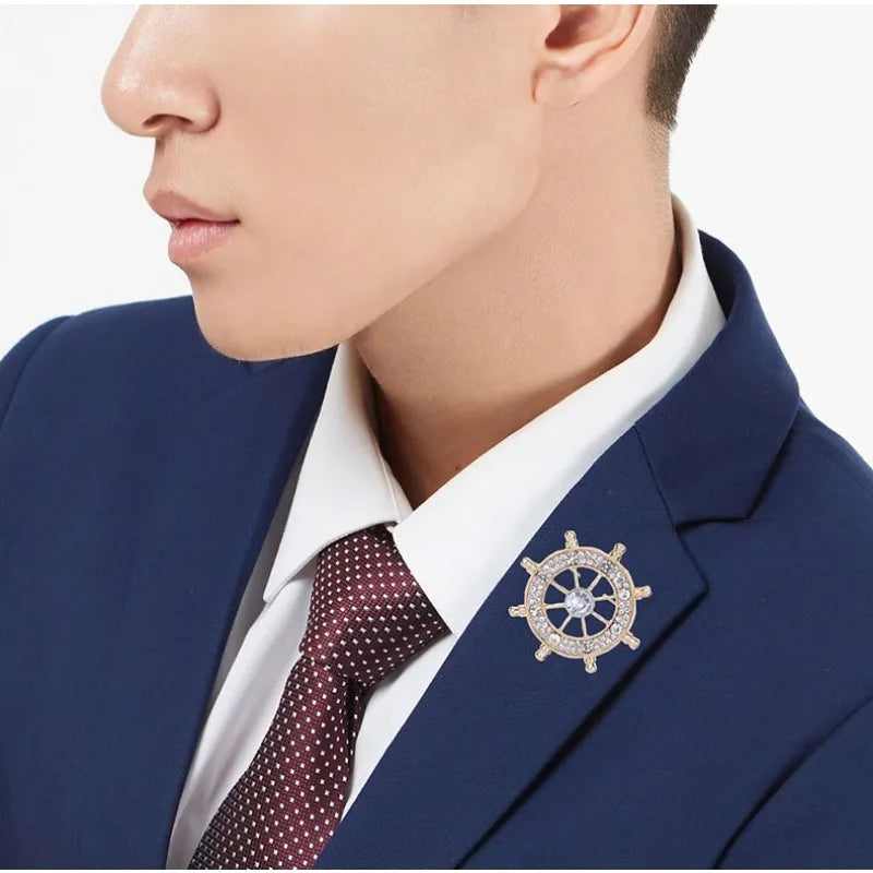 Navy Style Diamond Studded Rudder Brooch