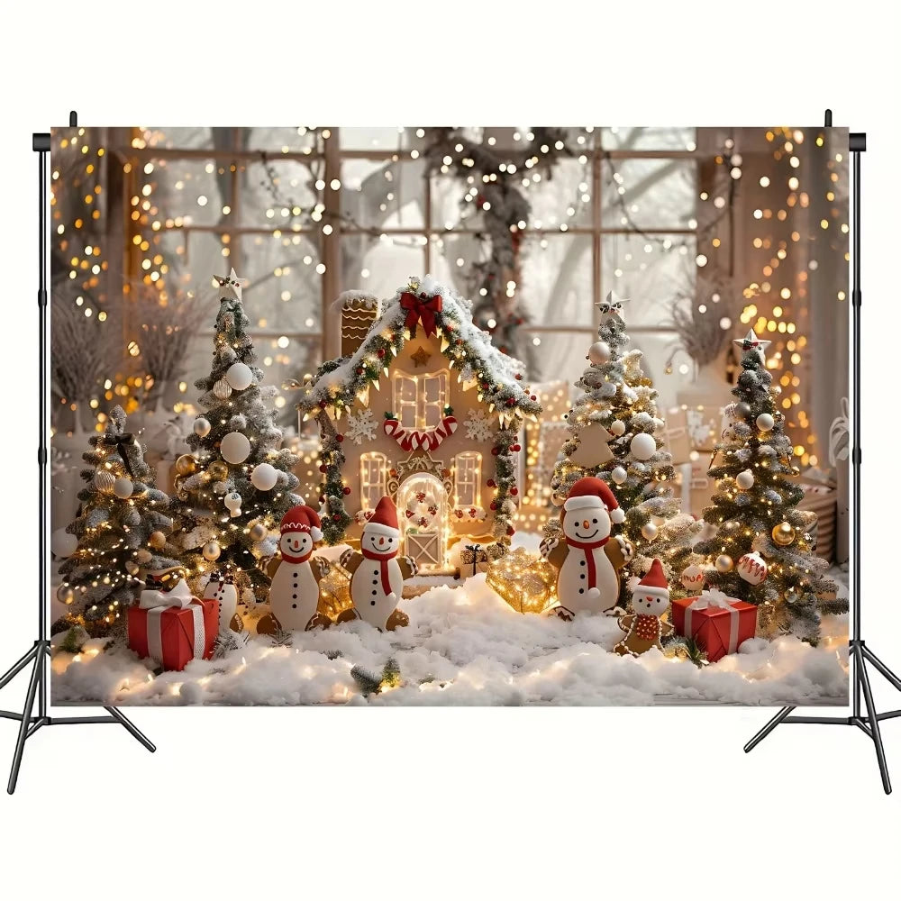 Christmas background with pine trees, gifts, deer, suitable for replacing cookies, candy theme family Christmas party decoration