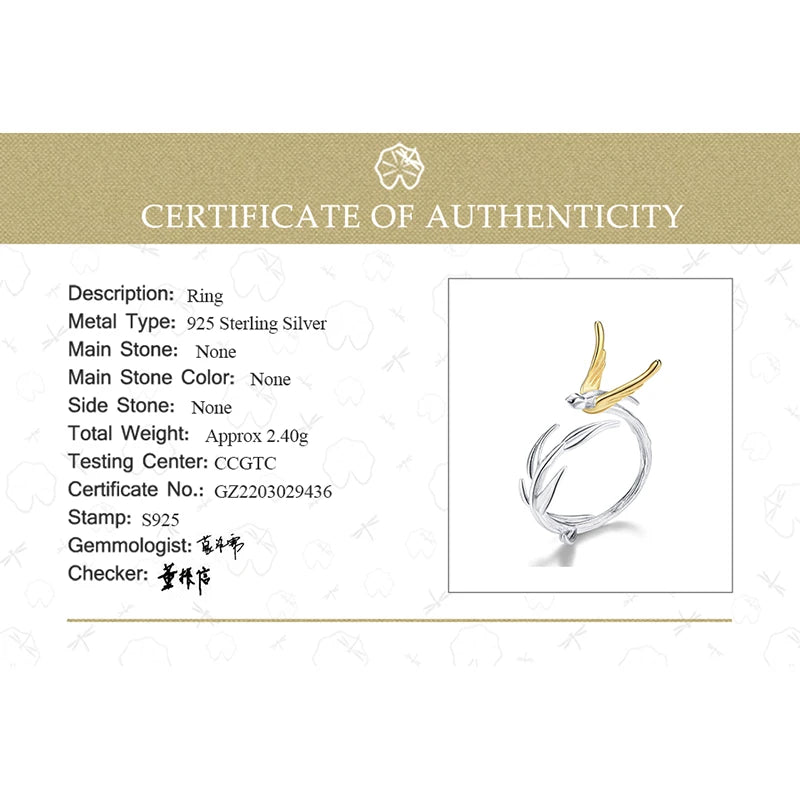 Lotus Fun 18K Gold Swallow Willow Branch Unusual Asymmetrical Rings for Women Real 925 Sterling Silver Original Fine Jewelry