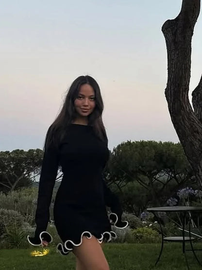 Women Fashion Solid Ruffles Hem Mini Dress Elegant Long Sleeve High Waist Slim Dresses 2025 Summer Vocation Street Vestidos