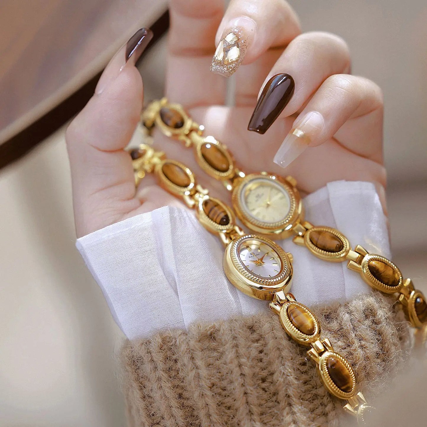 Luxury Golden Vintage Watch Women Elegant Amber Jewelry Quartz Wristwatch New In Women's Watches Fashion Bracelet Gold Watch