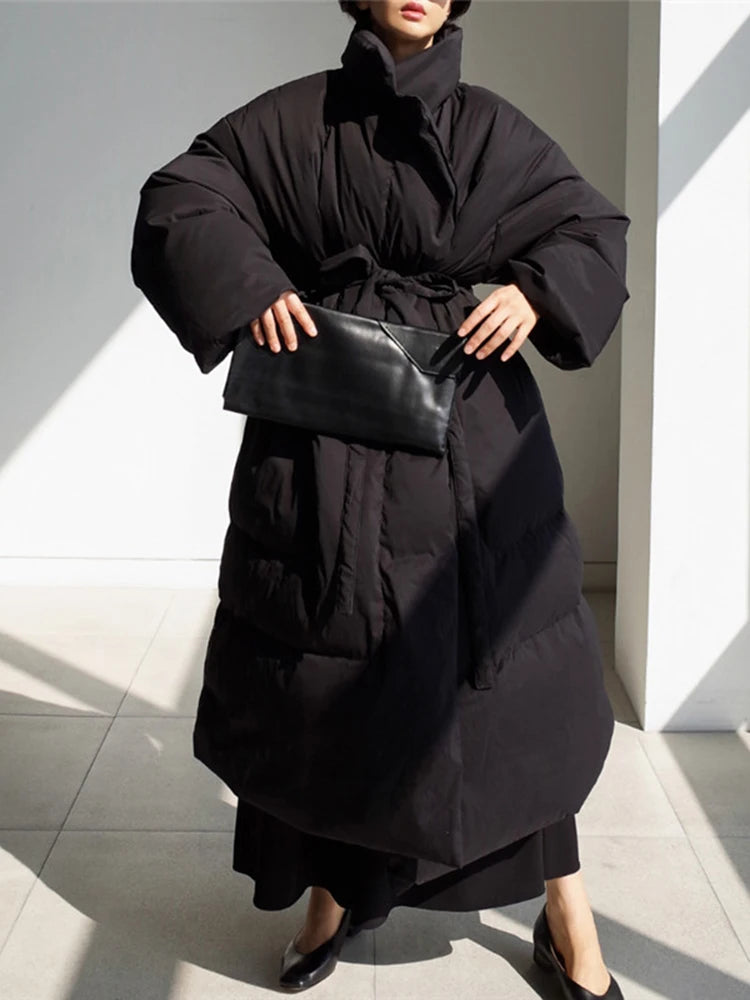 Winter New Stand Collar Long Down Jackets Loose Belt Long Sleeve Warm Coat Fashion Solid Cotton Padded Warm Down Overcoat Women