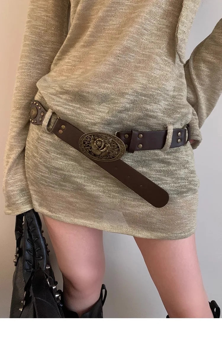 N Retro Ethnic Belt Y2K Bohemian Dress With a Wide Brown Belt