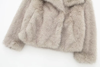 HH Winter Women Elegant Warm Plush Coat Turn-Down Collar Thick Cardigan Coat Female Pocket Long Sleeve Short Outerwear Mujer
