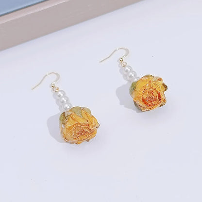 Unique Immortal Flower Earrings Elegant Natural Flower Pearl Drop Earrings Statement Jewelry Epoxy Resin Real Rose Earring 2024